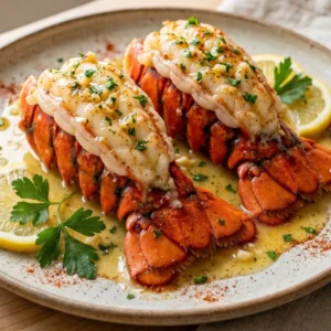 Garlic Lemon Butter Lobster Tails recipe card image with lemon, garlic butter, and parsley.
