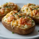 Lobster Stuffed Baked Potatoes with melted cheese, garlic butter filling, lobster meat, and fresh chives.