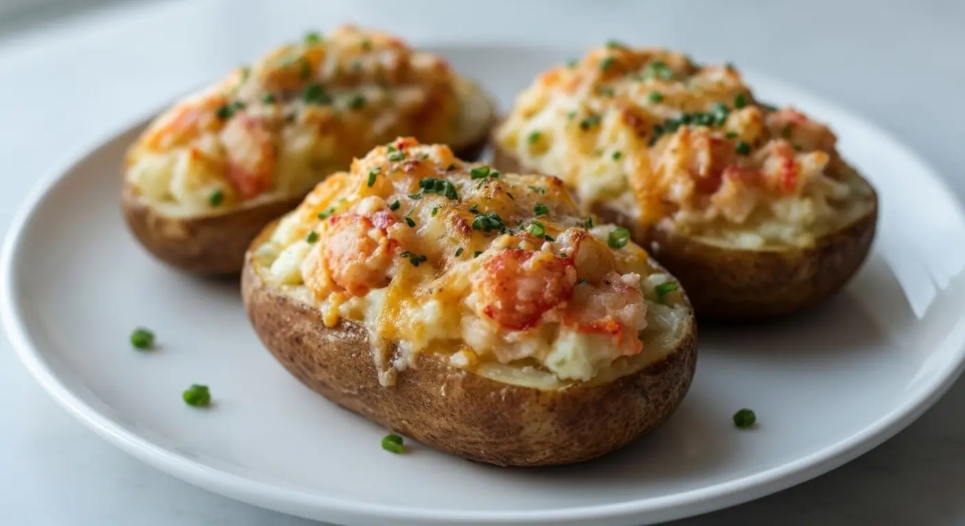 Lobster Stuffed Baked Potatoes with melted cheese, garlic butter filling, lobster meat, and fresh chives.