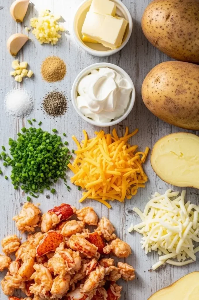 Ingredients for Lobster Stuffed Baked Potatoes including russet potatoes, lobster, cheese, sour cream, garlic, and chives.
