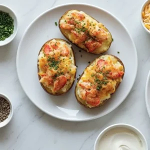 Top-down view of Lobster Stuffed Baked Potatoes with cheese, chives, and creamy seafood filling.
