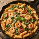 Marry Me Shrimp Pasta Skillet with juicy shrimp, sun dried tomatoes, spinach, parmesan, and creamy pasta in a skillet.
