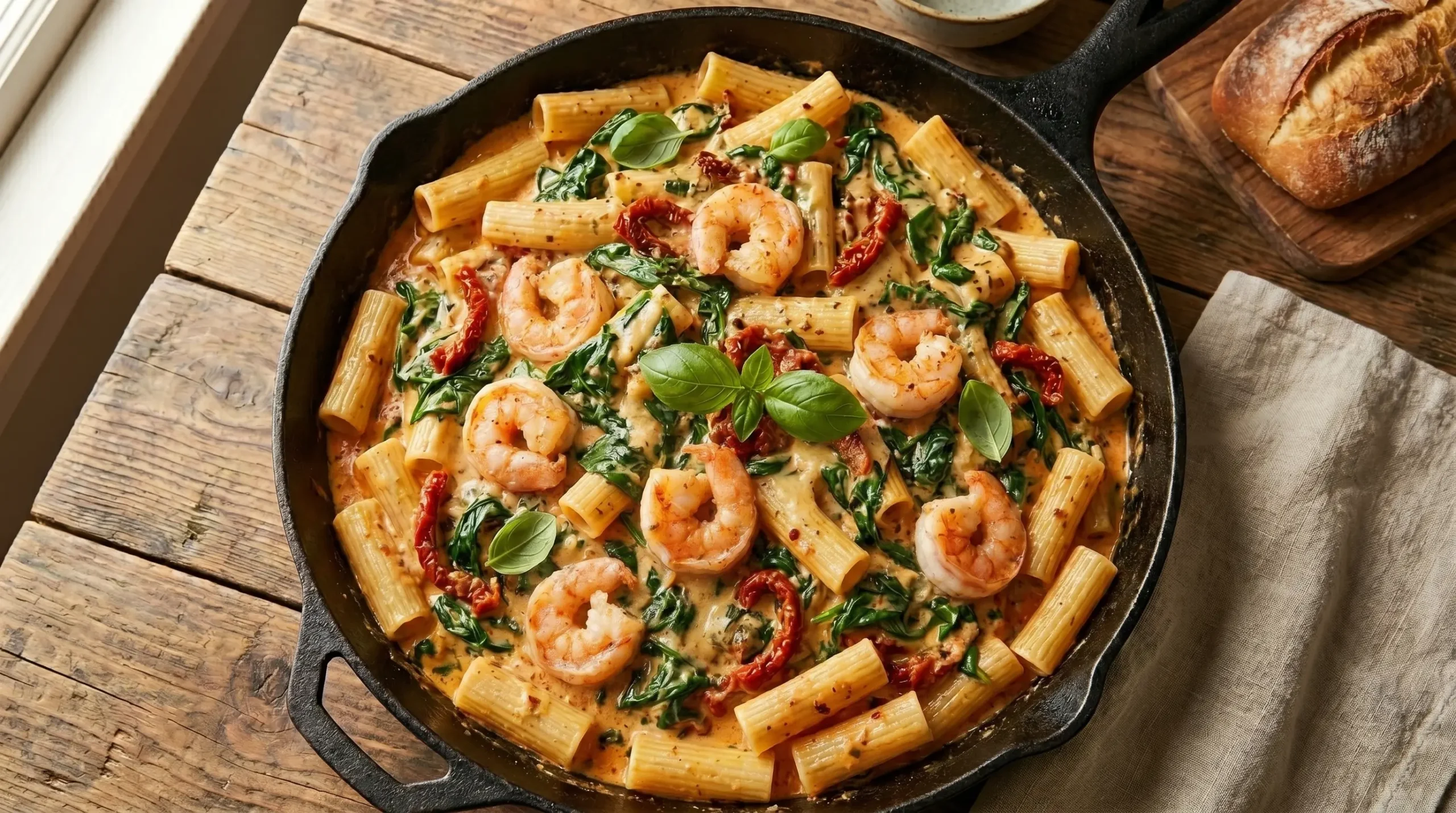 Marry Me Shrimp Pasta Skillet with juicy shrimp, sun dried tomatoes, spinach, parmesan, and creamy pasta in a skillet.