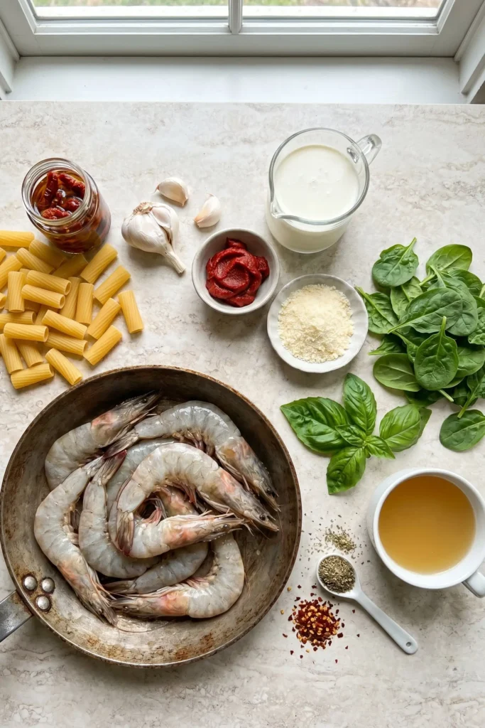 Ingredients for Marry Me Shrimp Pasta Skillet including shrimp, pasta, sun dried tomatoes, spinach, cream, garlic, and parmesan.