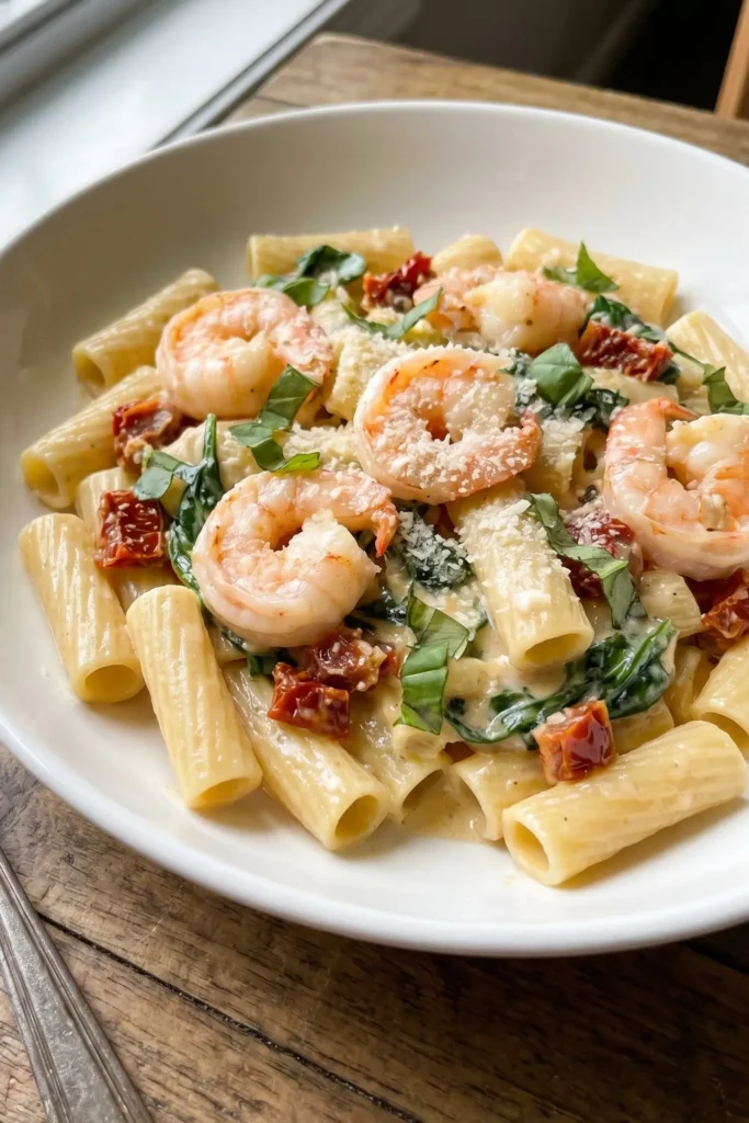 A plated bowl of Marry Me Shrimp Pasta Skillet with creamy sauce, shrimp, sun dried tomatoes, spinach, and basil.