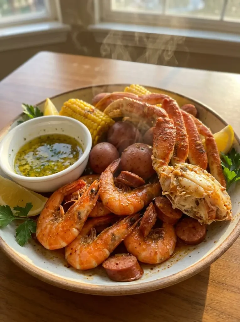 Plated Cajun seafood boil with garlic butter sauce, shrimp, crab, corn, potatoes, sausage, and lemon wedges.