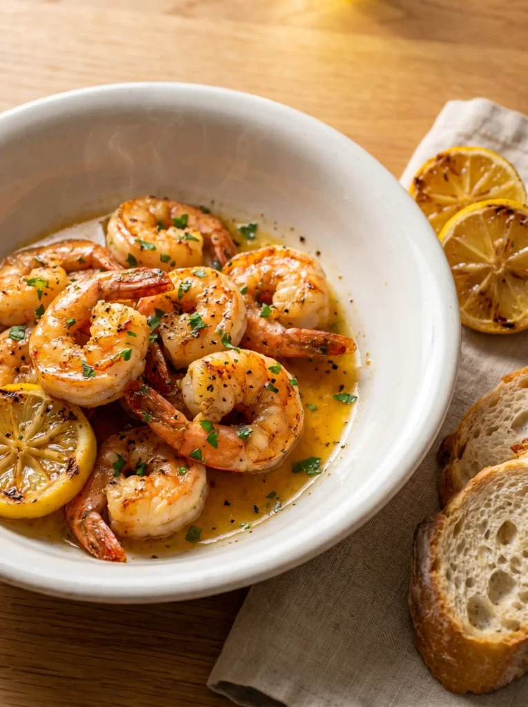 Plated Garlic Butter Shrimp with lemon, parsley, and buttery garlic sauce.