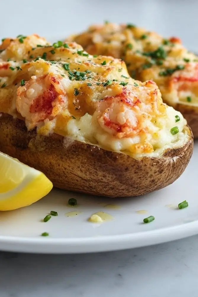 Plated Lobster Stuffed Baked Potato with creamy filling, melted cheese, lobster, and chives.