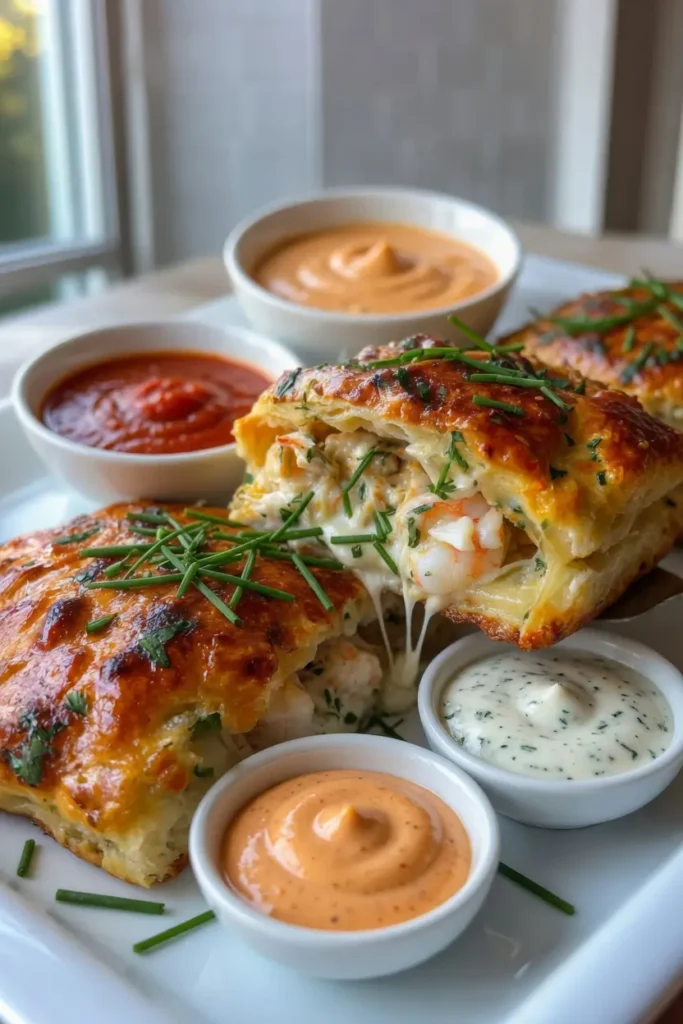 Plated Shrimp and Crab Biscuit Melts served with dipping sauces.
