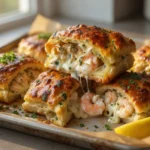 Golden Shrimp and Crab Biscuit Melts with creamy seafood filling and lemon wedges.
