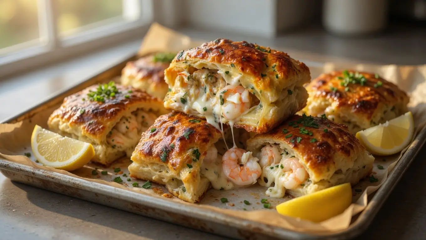 Golden Shrimp and Crab Biscuit Melts with creamy seafood filling and lemon wedges.