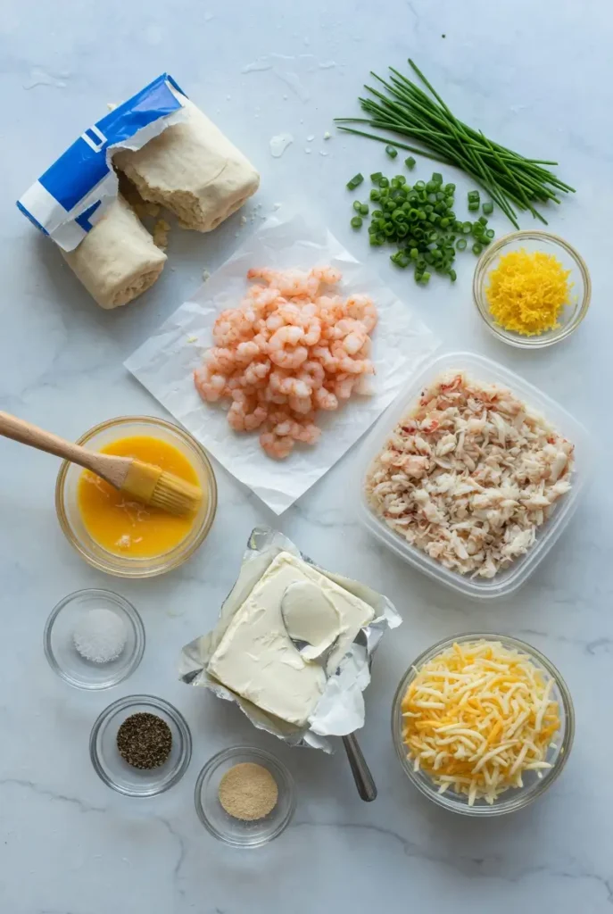 Ingredients for Shrimp and Crab Biscuit Melts arranged on a kitchen counter.