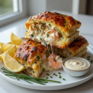 Shrimp and Crab Biscuit Melts stacked with lemon and dipping sauce.