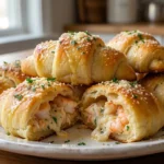 Golden Shrimp and Crab Crescent Bombs with buttery Parmesan tops served warm on a platter.
