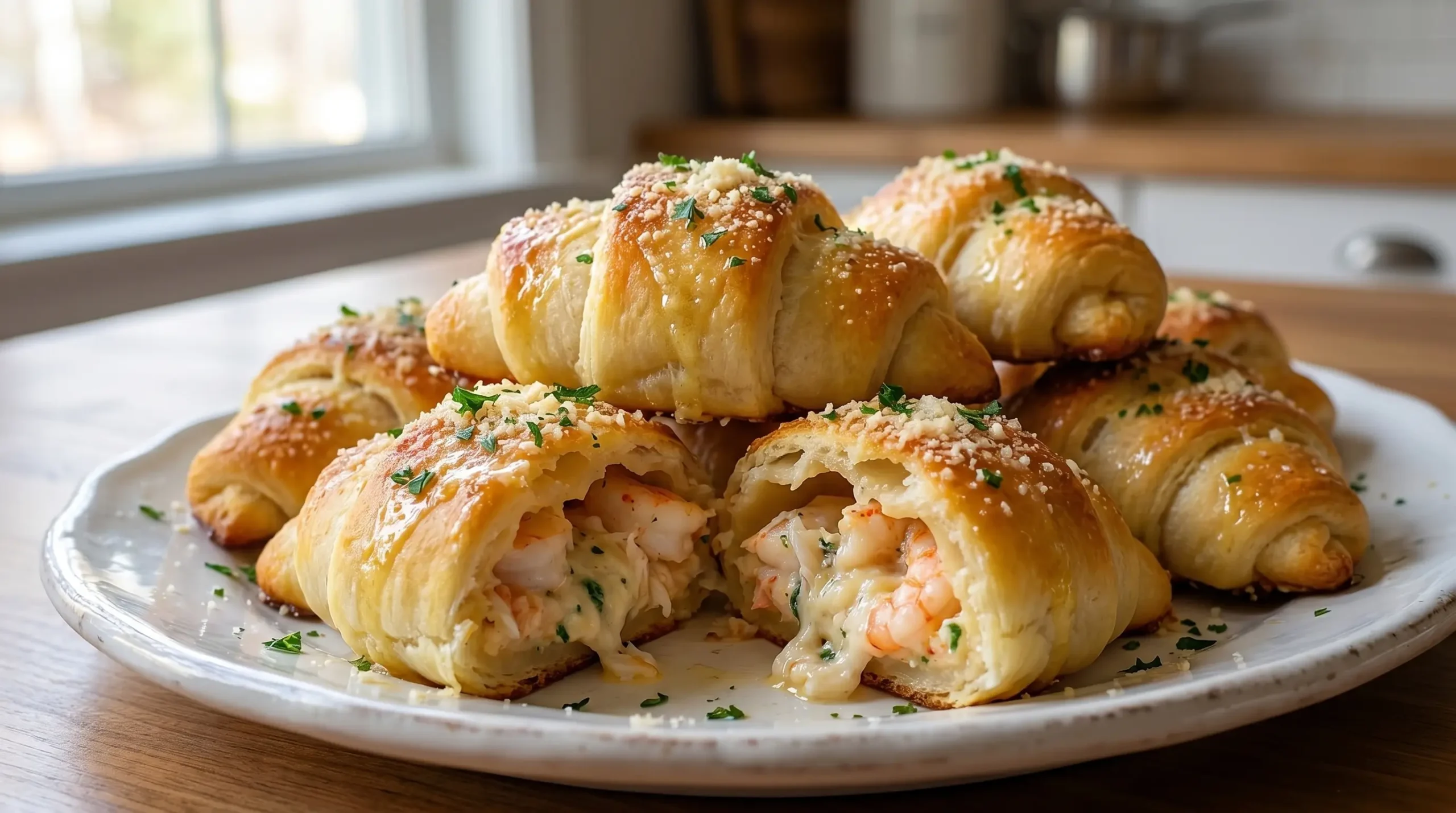 Golden Shrimp and Crab Crescent Bombs with buttery Parmesan tops served warm on a platter.