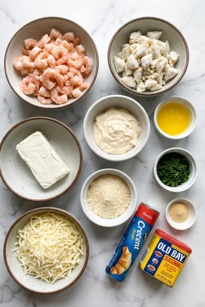 Ingredients for Shrimp and Crab Crescent Bombs arranged neatly before baking.