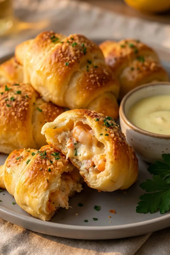 Plated Shrimp and Crab Crescent Bombs with creamy seafood filling and dipping sauce.