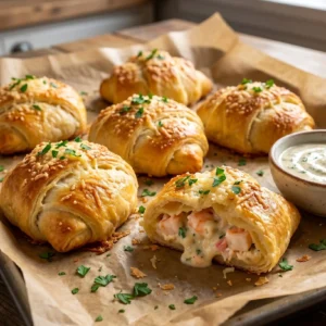 Shrimp and Crab Crescent Bombs baked until golden and served with dipping sauce.