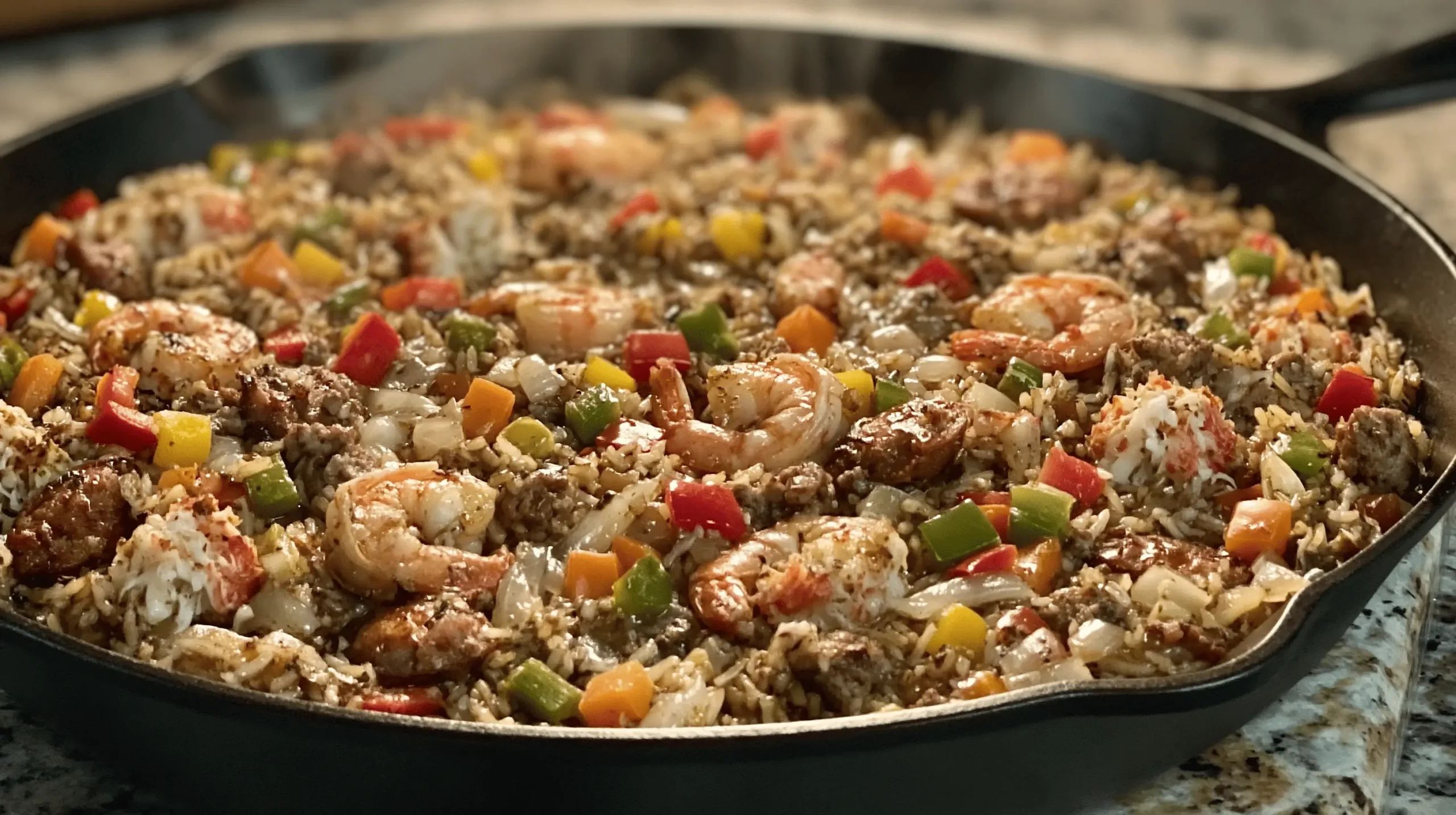 Cajun Seafood Dirty Rice Skillet with shrimp, crab, sausage, peppers, and buttery seasoned rice in a cast-iron pan.
