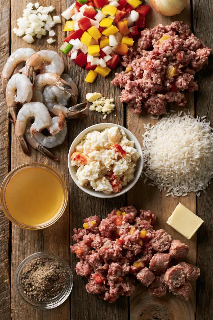 Ingredients for Cajun Seafood Dirty Rice Skillet including shrimp, crab, sausage, beef, peppers, rice, broth, butter, and Cajun seasoning.