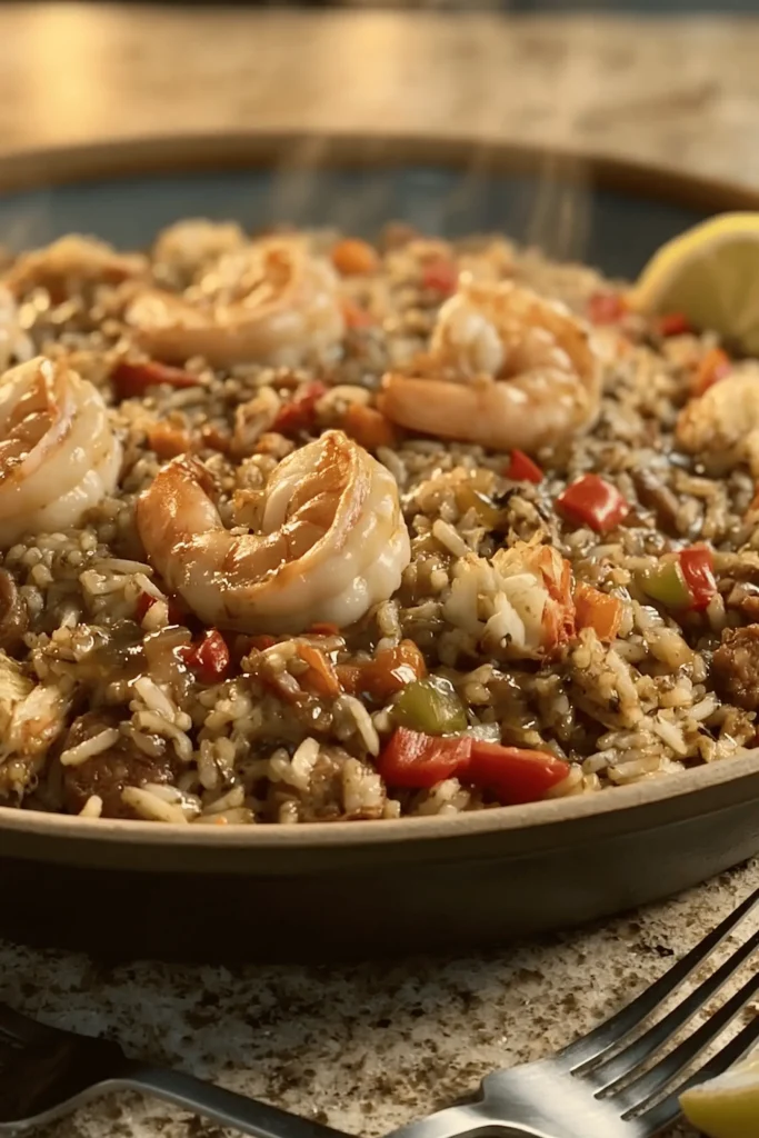 A plated bowl of Cajun Seafood Dirty Rice Skillet with shrimp, crab, sausage, peppers, and seasoned rice.