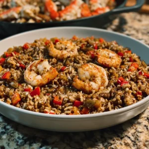Cajun Seafood Dirty Rice Skillet served in a bowl with shrimp, crab, sausage, peppers, and buttery rice.
