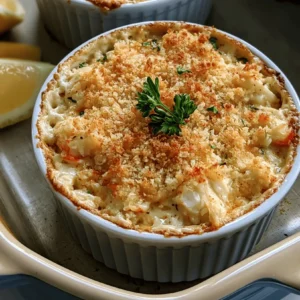 Crab imperial recipe card image with golden Old Bay gratin crust and lemon wedges.