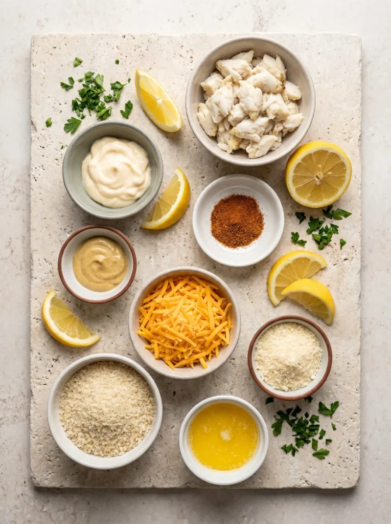 Ingredients for crab imperial recipe with lump crab meat, Old Bay, panko, cheese, lemon, and parsley.