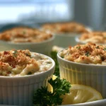 Crab Imperial with Old Bay Gratin Crust served hot in ramekins with lemon wedges and parsley.