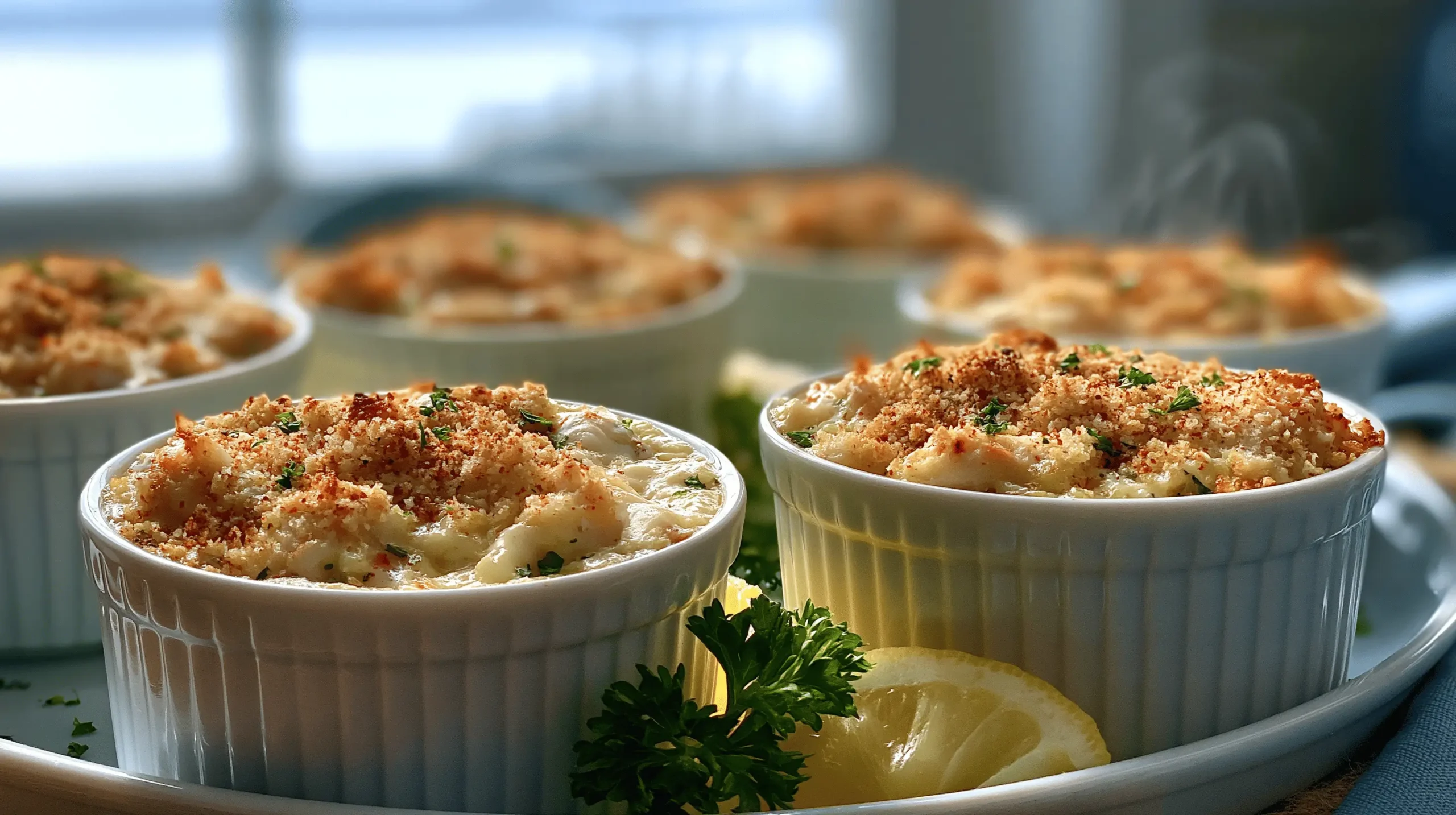 Crab Imperial with Old Bay Gratin Crust served hot in ramekins with lemon wedges and parsley.