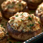Creamy garlic herb crab stuffed mushrooms baked with golden Parmesan and fresh herbs in a rustic dish.