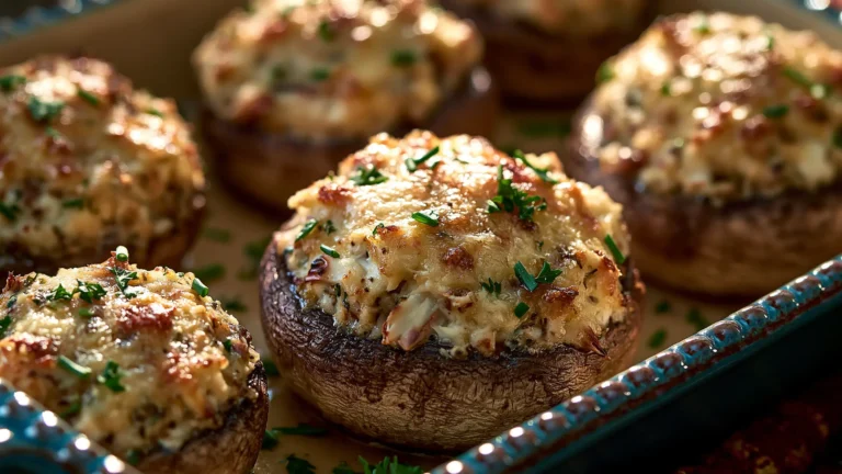 Creamy garlic herb crab stuffed mushrooms baked with golden Parmesan and fresh herbs in a rustic dish.