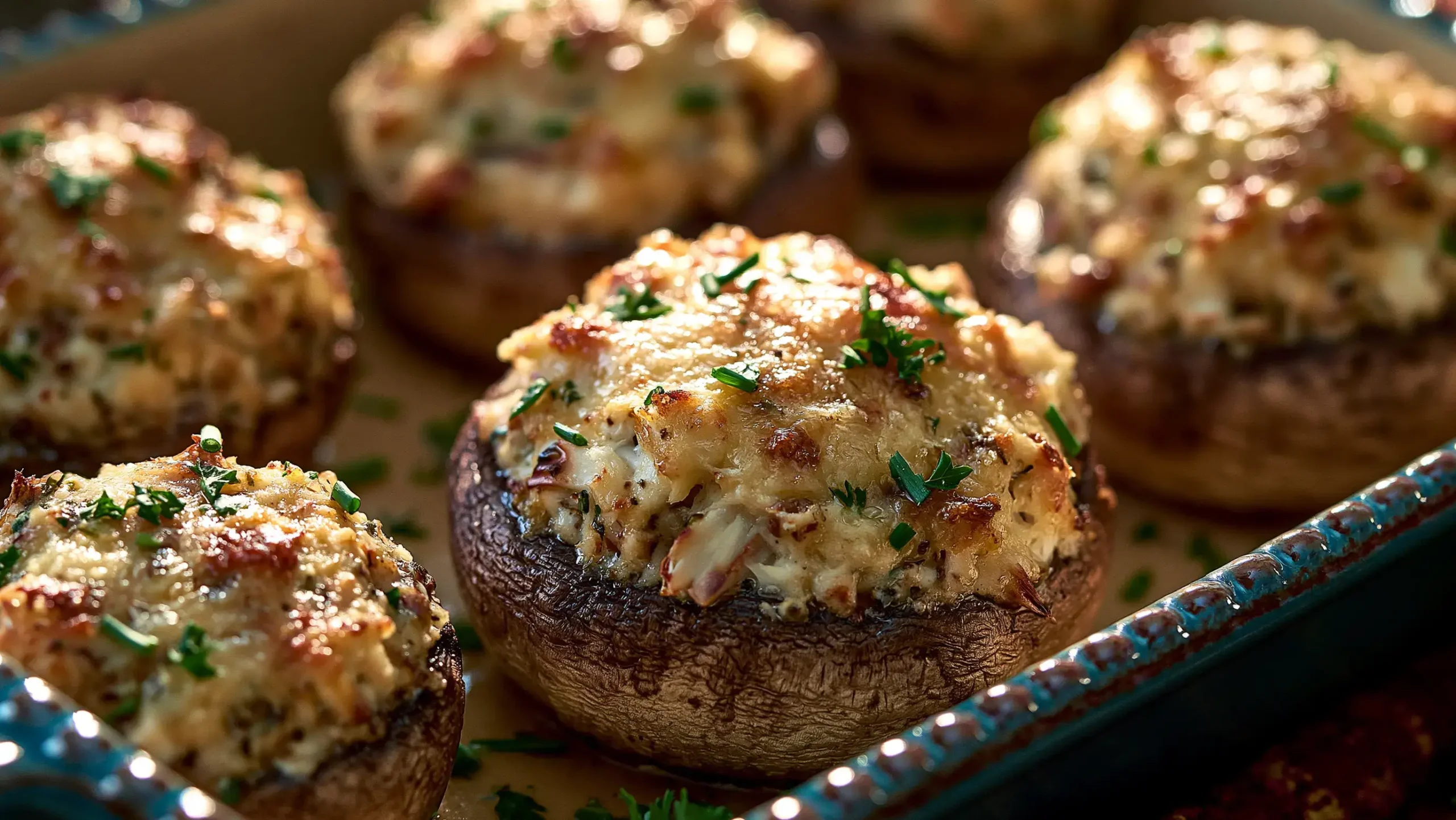 Creamy garlic herb crab stuffed mushrooms baked with golden Parmesan and fresh herbs in a rustic dish.