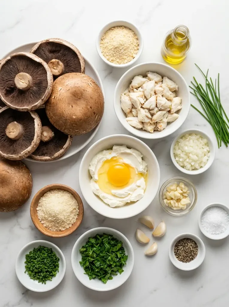 Ingredients for creamy garlic herb crab stuffed mushrooms arranged with crab meat, mushrooms, herbs, and Parmesan.