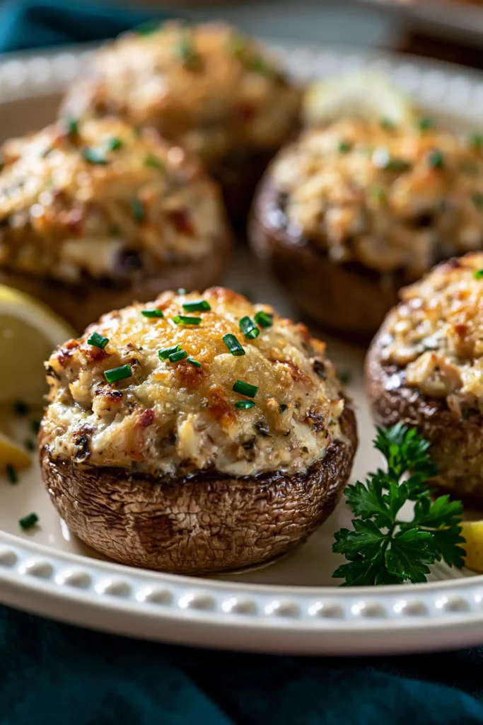 Plated creamy garlic herb crab stuffed mushrooms with golden Parmesan, fresh herbs, and lemon wedges.