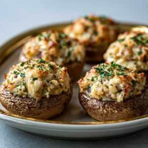 Creamy garlic herb crab stuffed mushrooms arranged on a plate for a clean recipe card image.