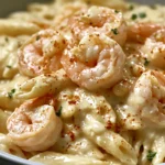 Creamy Garlic Shrimp Penne Pasta with juicy shrimp, penne, parsley, and Parmesan cream sauce.