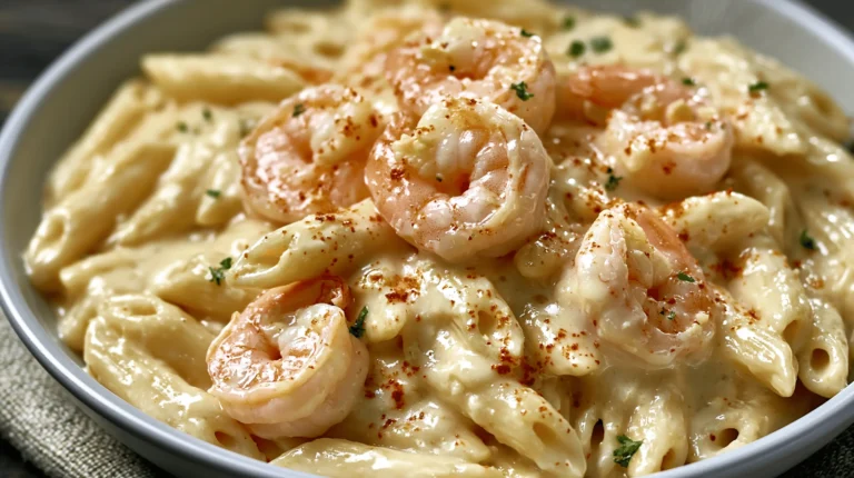 Creamy Garlic Shrimp Penne Pasta with juicy shrimp, penne, parsley, and Parmesan cream sauce.