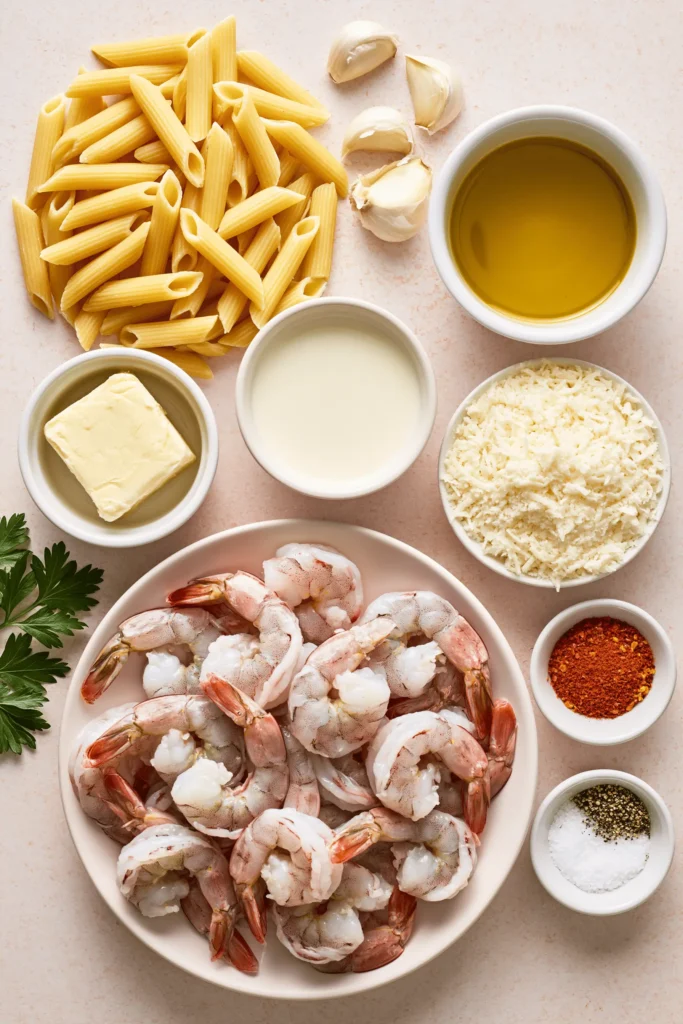 Ingredients for Creamy Garlic Shrimp Penne Pasta arranged with shrimp, penne, cream, Parmesan, garlic, and paprika.