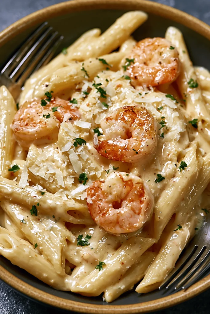 Plated Creamy Garlic Shrimp Penne Pasta with glossy Parmesan sauce and parsley garnish.