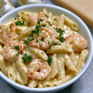 Creamy Garlic Shrimp Penne Pasta recipe card image with shrimp, penne, Parmesan sauce, and parsley.