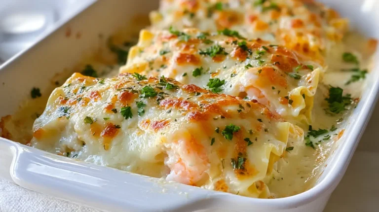 Garlic Parmesan Shrimp Lasagna Roll-Ups baked with creamy sauce, melted mozzarella, and parsley.