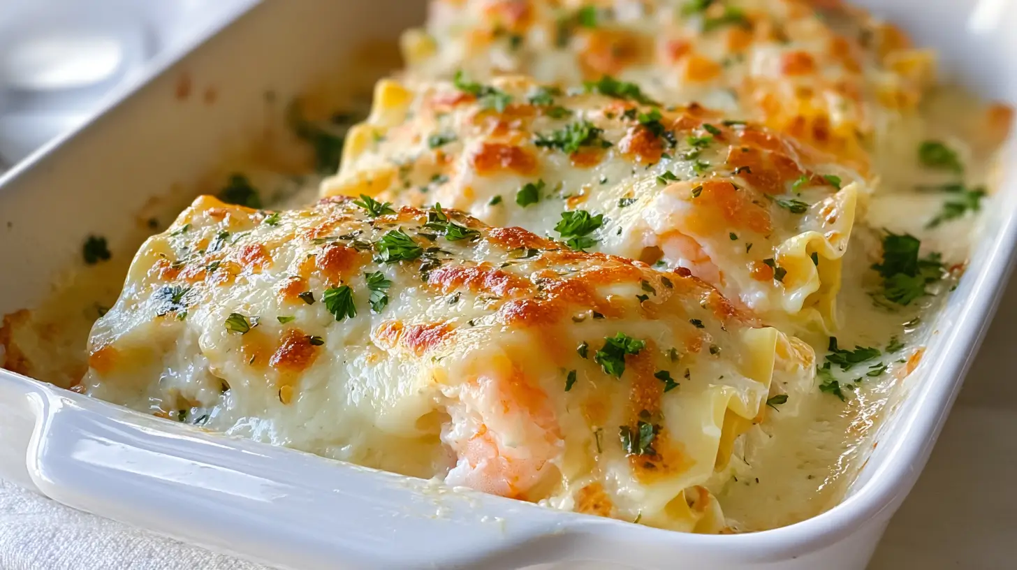 Garlic Parmesan Shrimp Lasagna Roll-Ups baked with creamy sauce, melted mozzarella, and parsley.