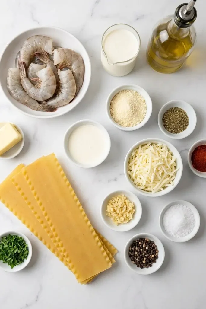Ingredients for Garlic Parmesan Shrimp Lasagna Roll-Ups arranged with shrimp, noodles, cream, cheese, and garlic.