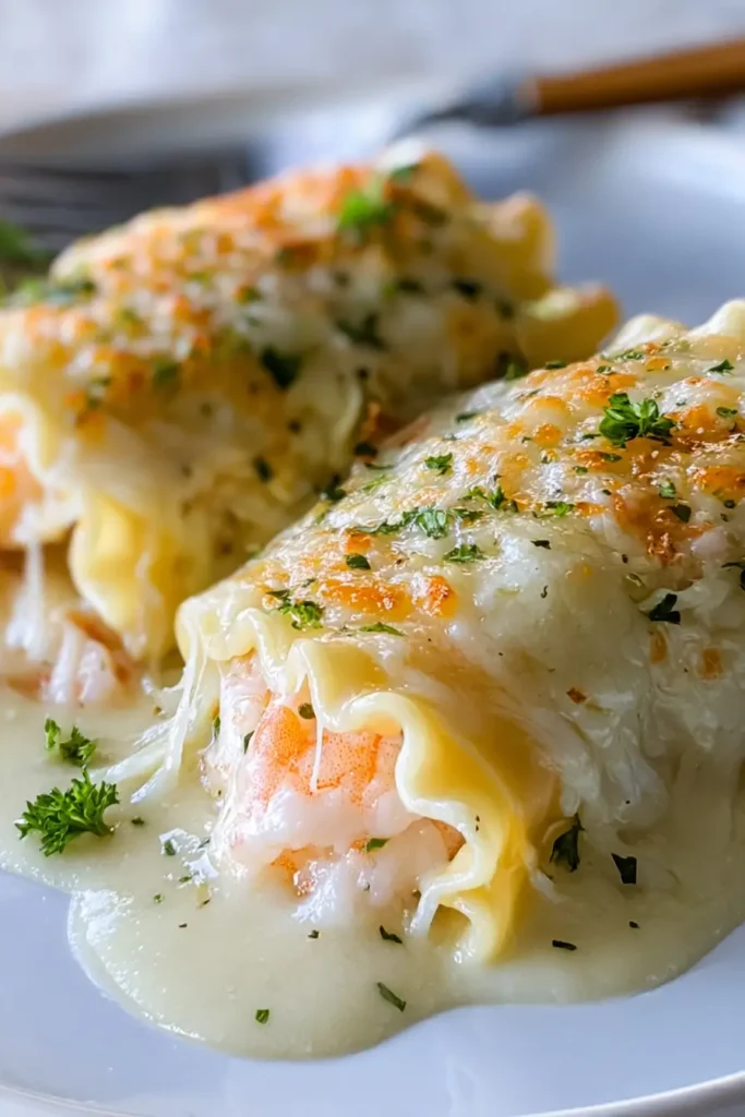 Plated Garlic Parmesan Shrimp Lasagna Roll-Ups with creamy sauce and melted mozzarella.