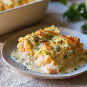 Garlic Parmesan Shrimp Lasagna Roll-Ups served beside a bubbling baking dish.