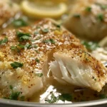 Lemon garlic butter fish fillets in a skillet with parsley, lemon slices, and glossy pan sauce.