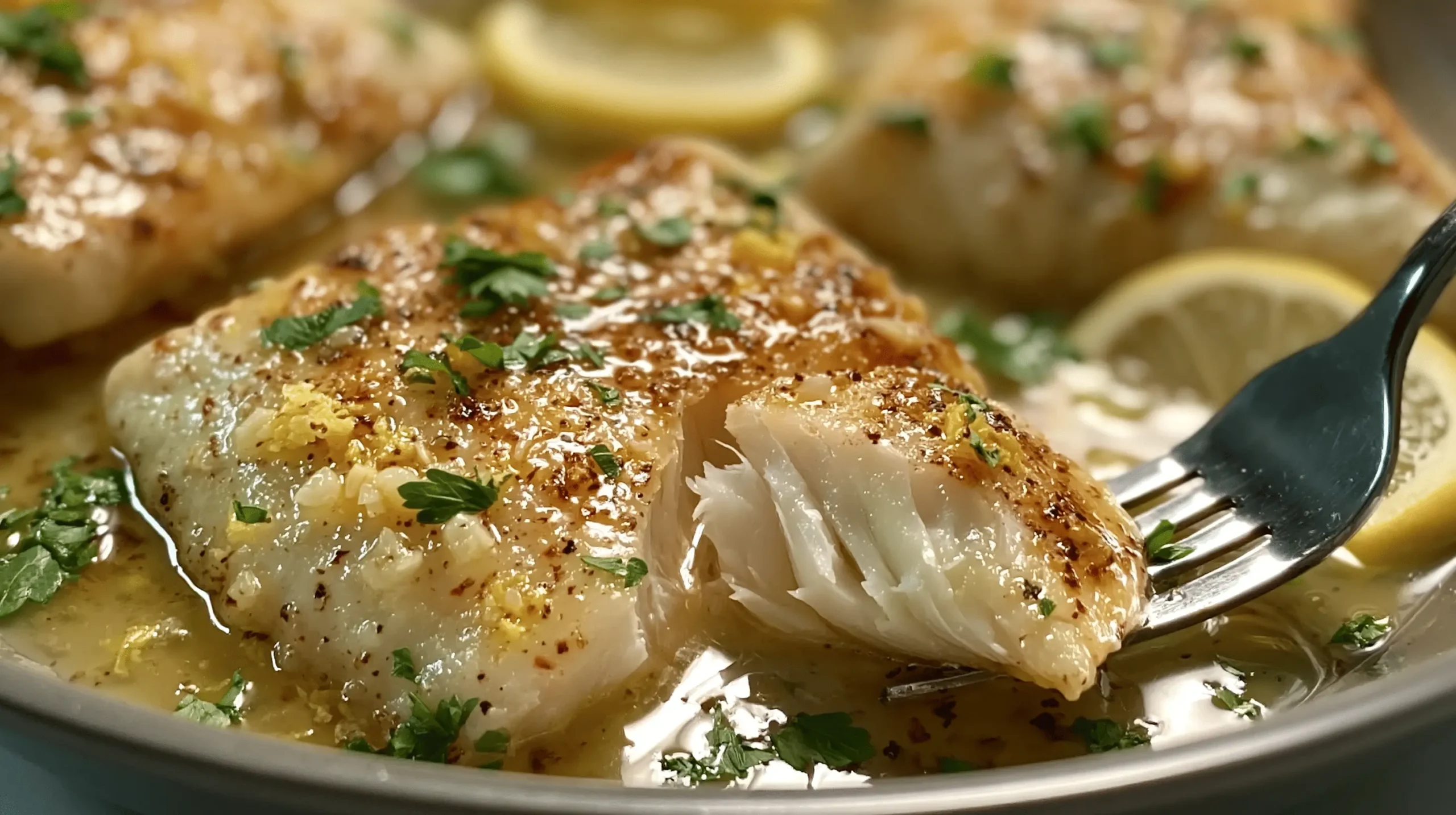 Lemon garlic butter fish fillets in a skillet with parsley, lemon slices, and glossy pan sauce.