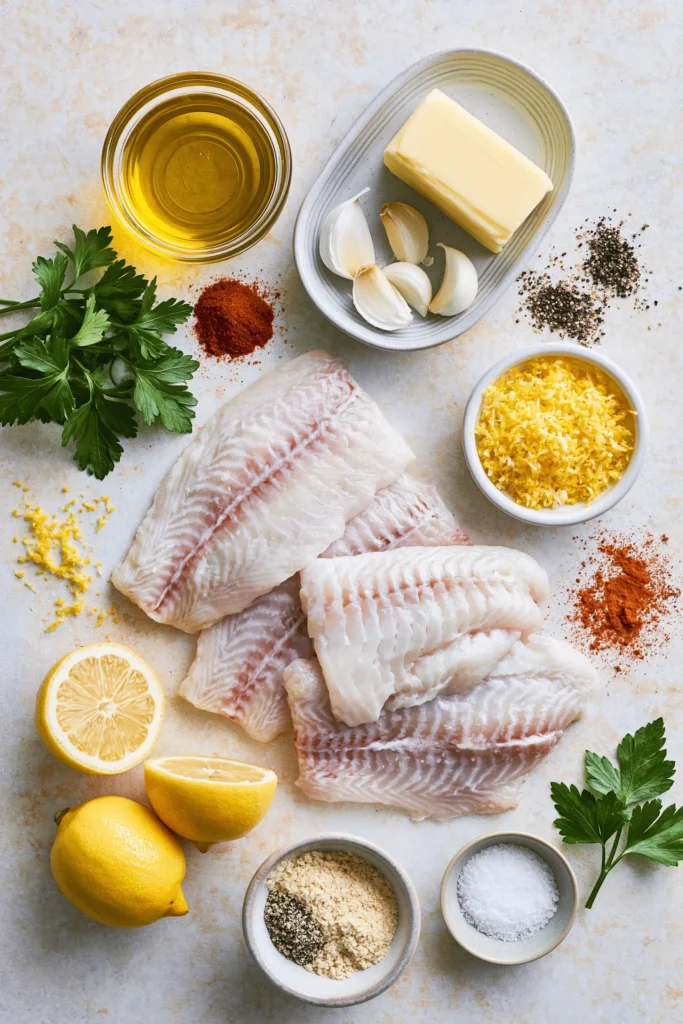 Ingredients for lemon garlic butter fish including white fish fillets, lemons, butter, garlic, parsley, and spices.
