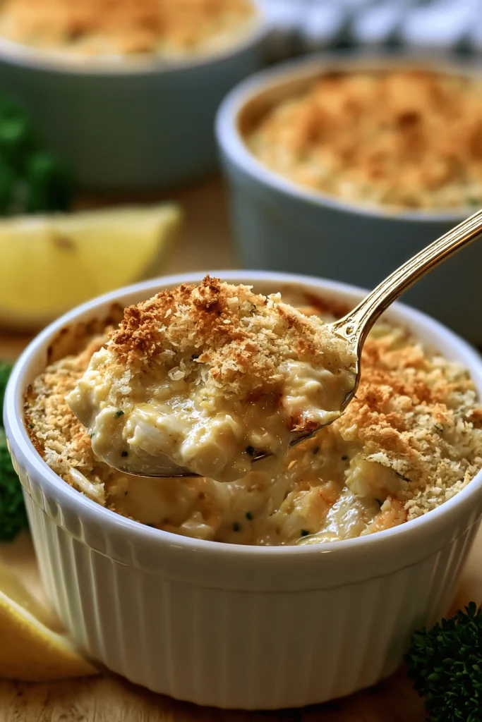 Plated crab imperial recipe with creamy lump crab filling and golden Old Bay gratin crust.
